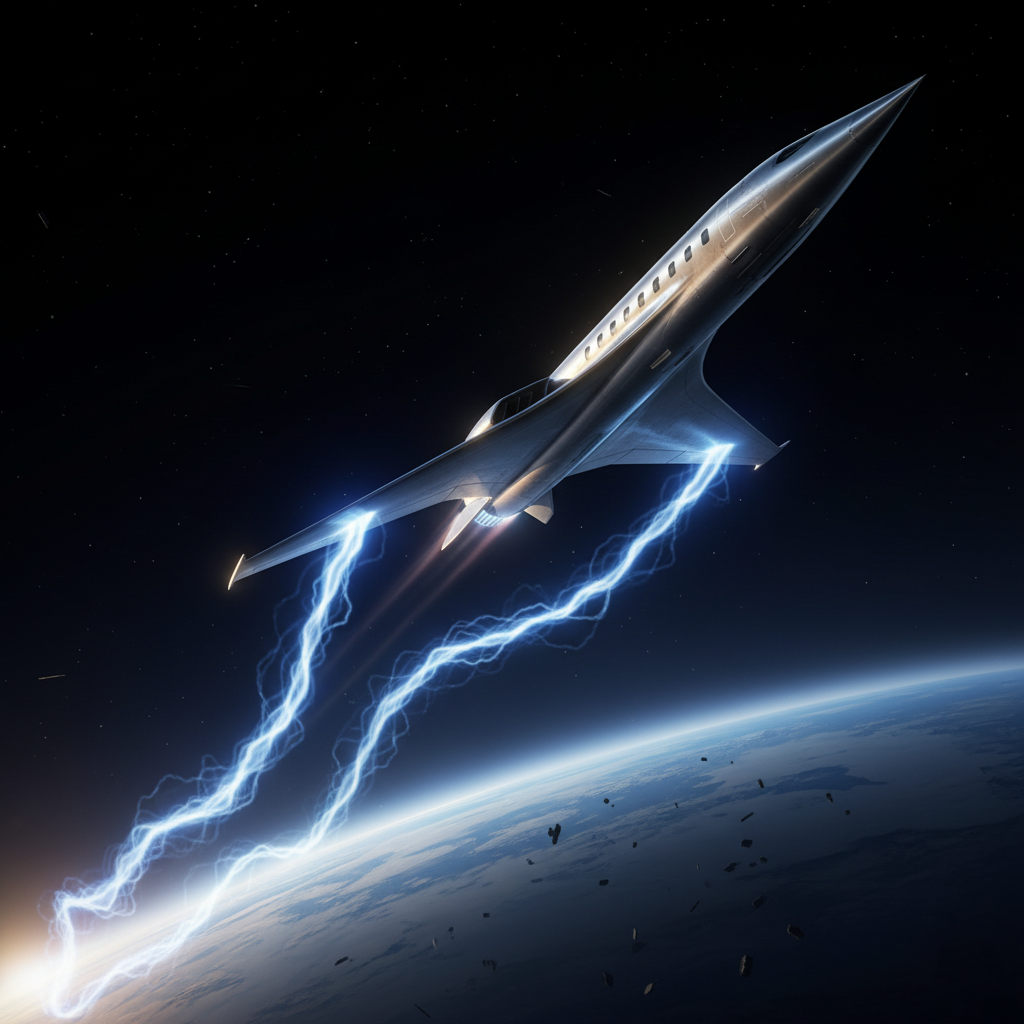 Conceptual art of a sleek, futuristic hypersonic aircraft climbing to the edge of space