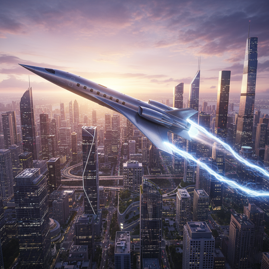 Conceptual image of a hypersonic passenger jet flying over a city skyline