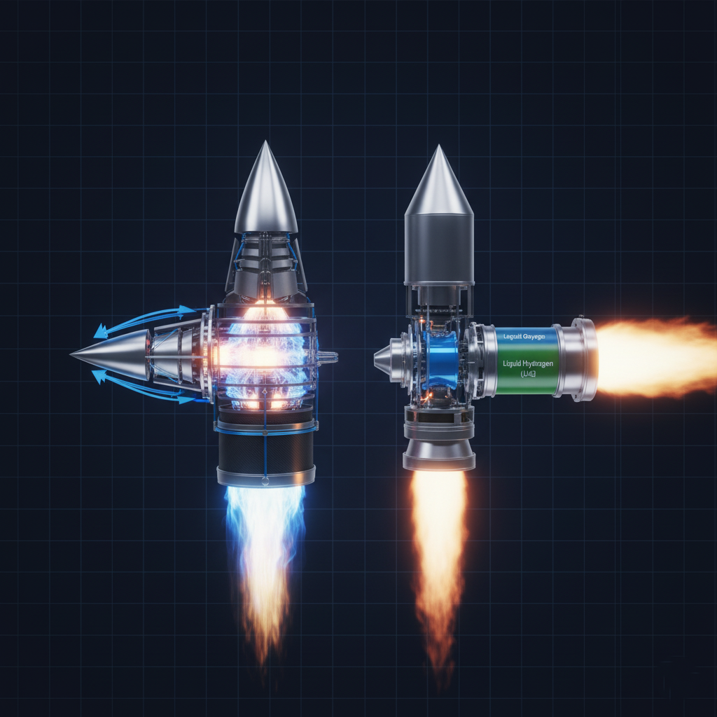 Diagram comparing an air-breathing scramjet engine to a rocket engine