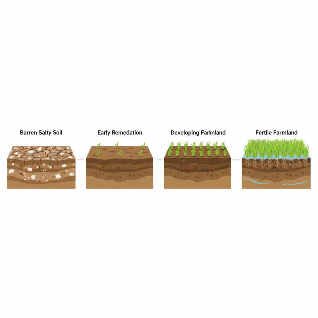 Infographic showing the multi-year cycle of land reclamation using salt-tolerant rice