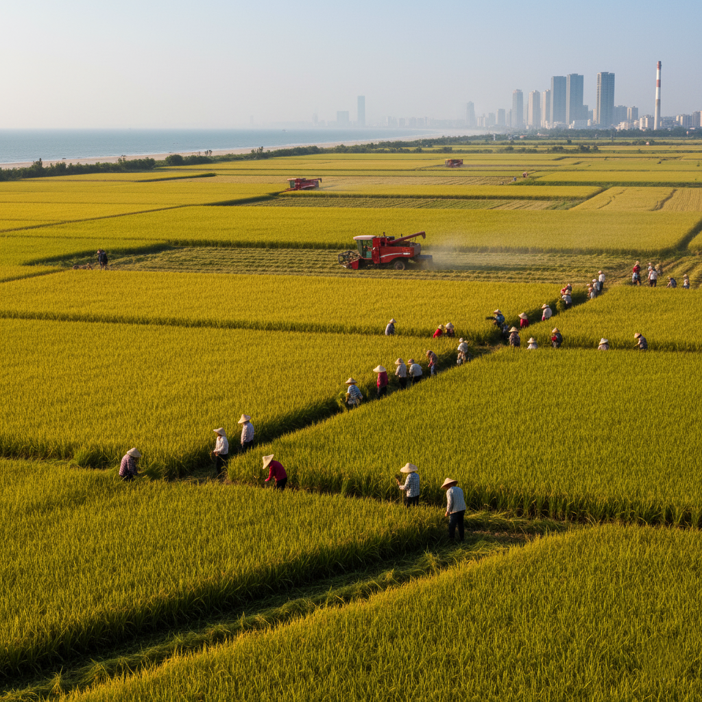 Photo of a large-scale seawater rice farm in Qingdao, China, during harvest