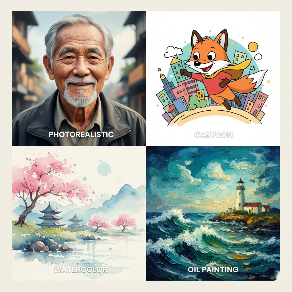 A collage of AI-generated images in different styles: photorealistic, cartoon, and oil painting.