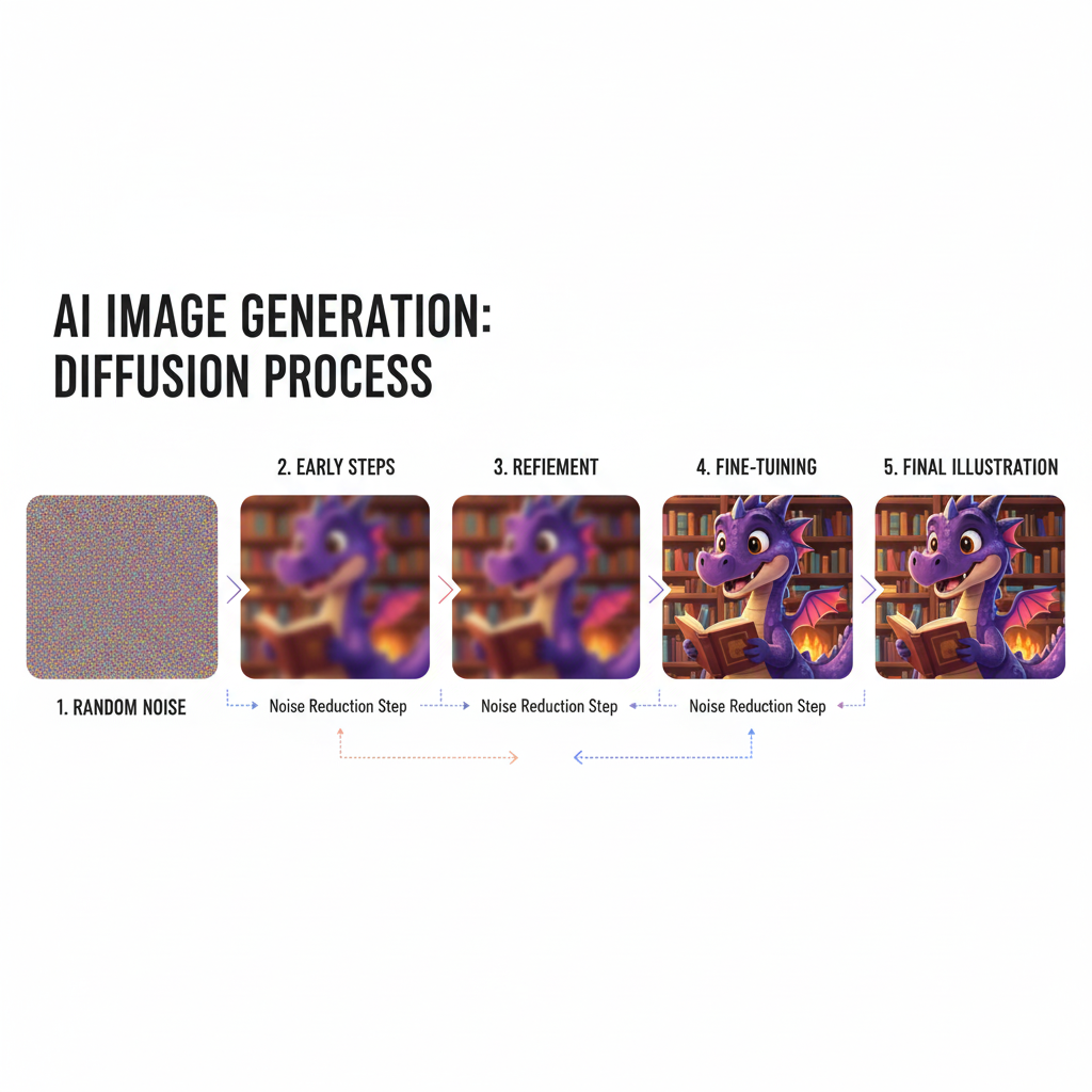 An illustration of the diffusion process, starting from random noise and refining into a clear image of a dragon in a library.