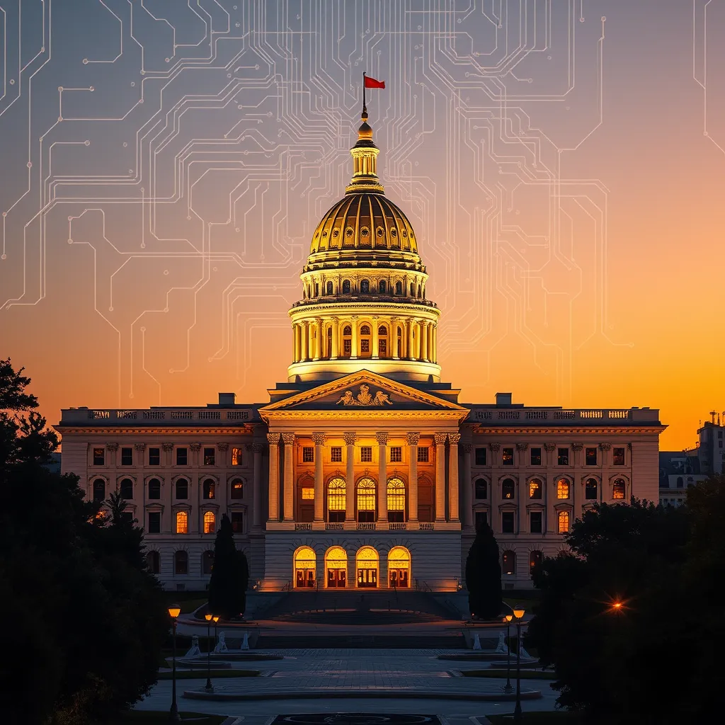 California State Capitol building with a circuit board overlay