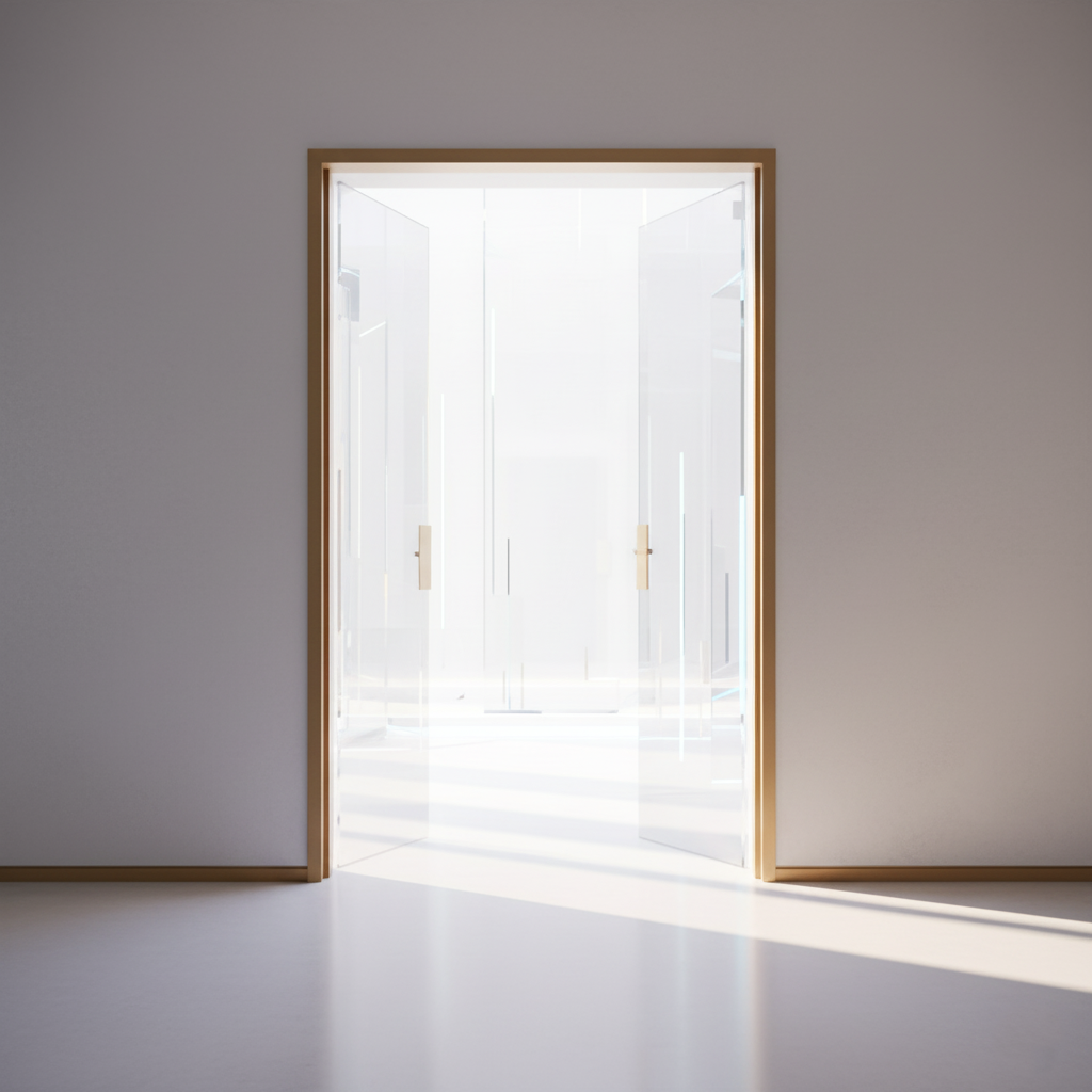 A doorway opening to a bright, transparent future