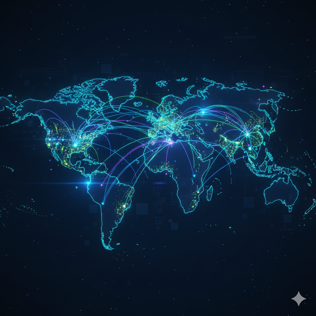 A world map with interconnected data lines