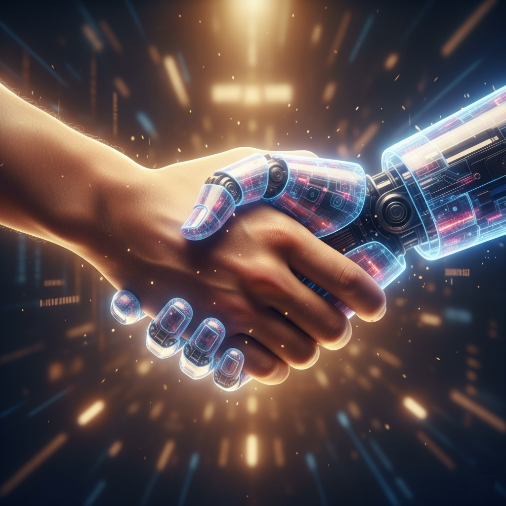 A human hand shaking a transparent robotic hand