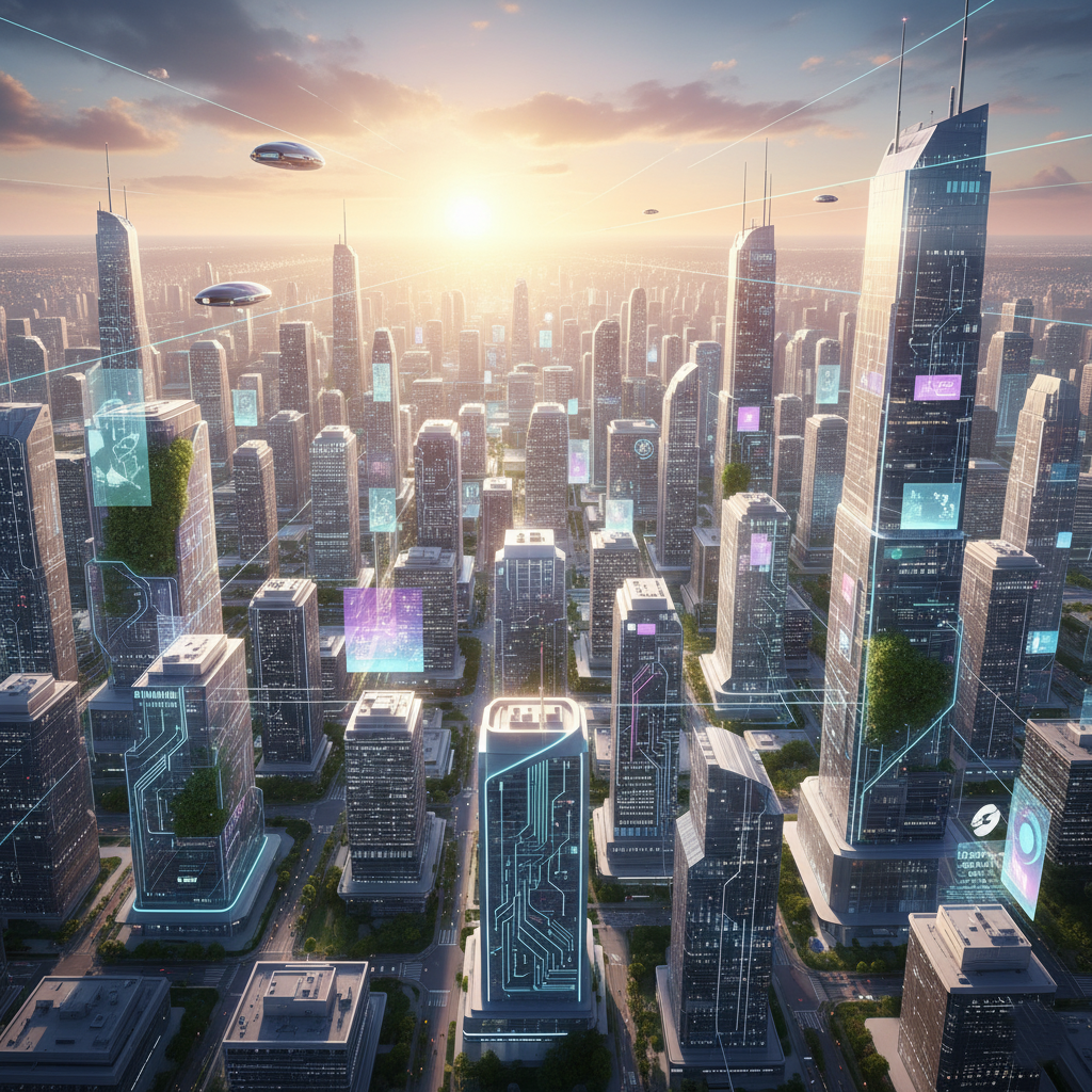 A sunrise over a futuristic, clean cityscape