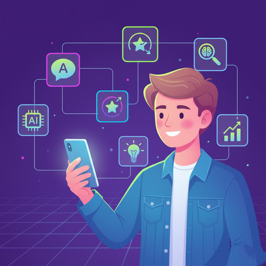A teenager using a phone with AI app icons floating around