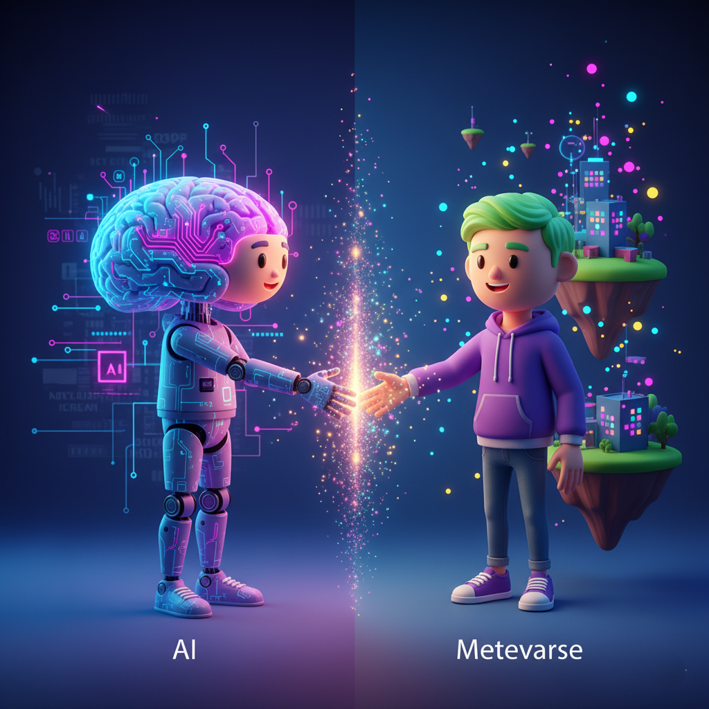 A conceptual image of an intelligent robot brain (AI) shaking hands with a digital avatar inside a vibrant virtual world (Metaverse).