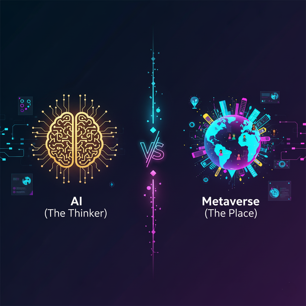 An infographic with a glowing brain icon labeled 'AI (The Thinker)' on one side and a colorful world icon labeled 'Metaverse (The Place)' on the other.