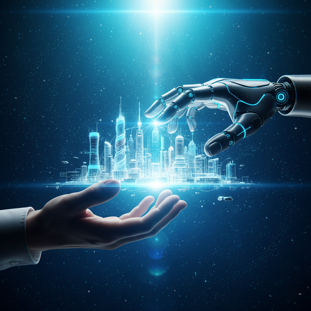 A hopeful, futuristic image of a human hand and a robot hand working together to construct a glowing, digital city.