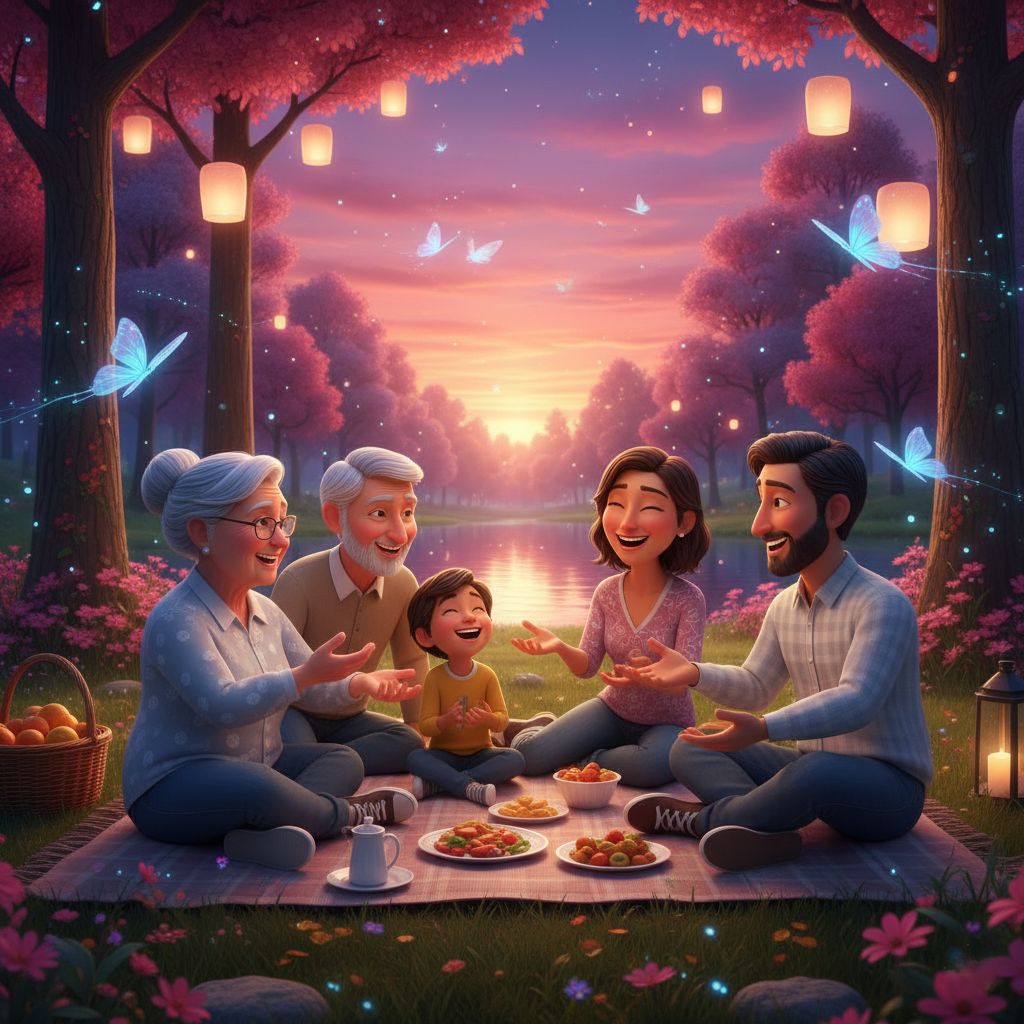 A family represented by avatars gathered happily in a beautiful virtual park, bridging a long physical distance.