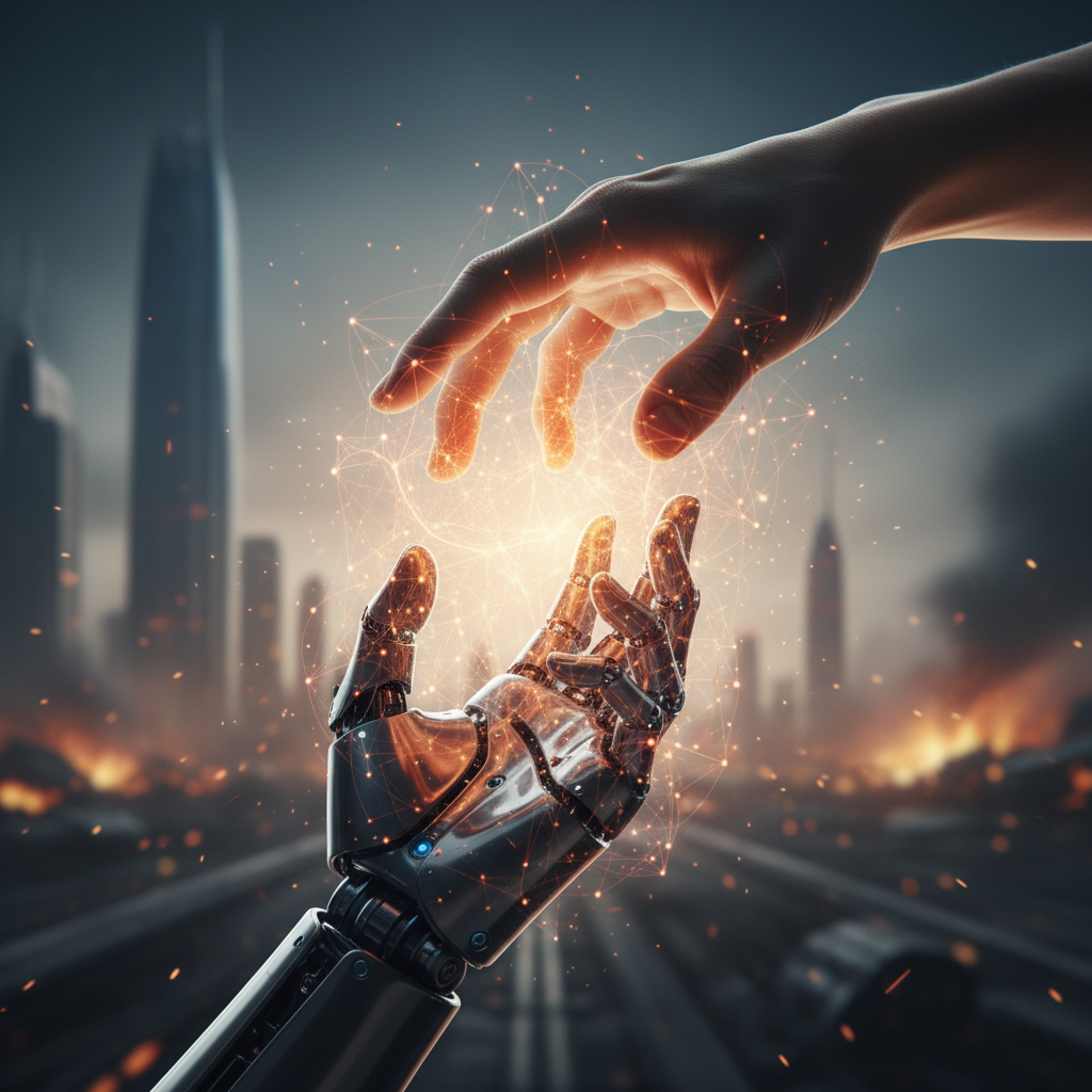 Human hand reaching out to a robot hand, emphasizing control