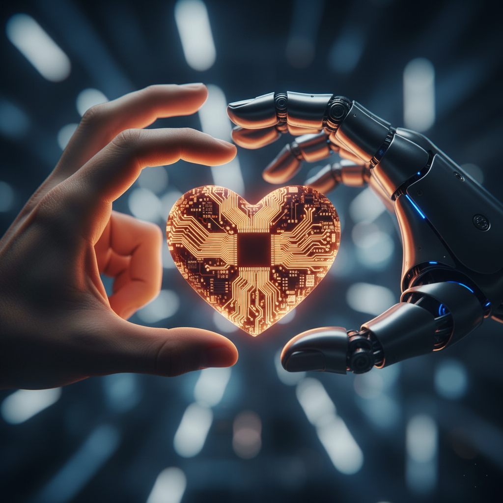 Human hand holding a glowing circuit board heart