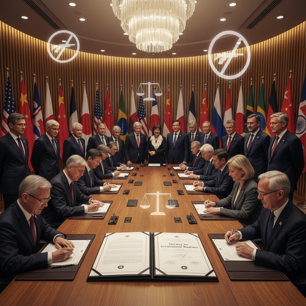 International leaders signing a treaty against autonomous weapons