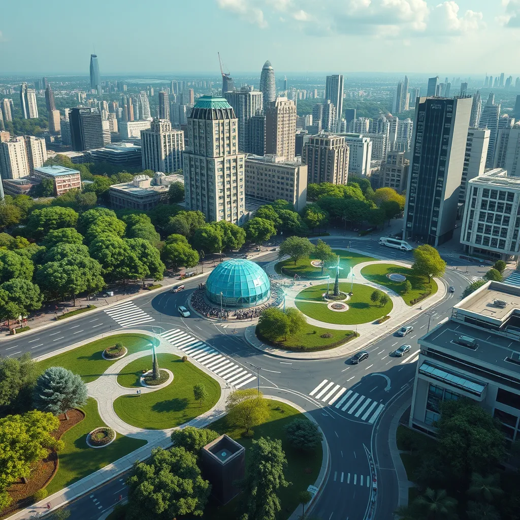 Future city with integrated AI and green spaces