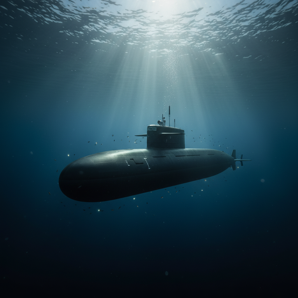A modern submarine gliding silently in the deep ocean