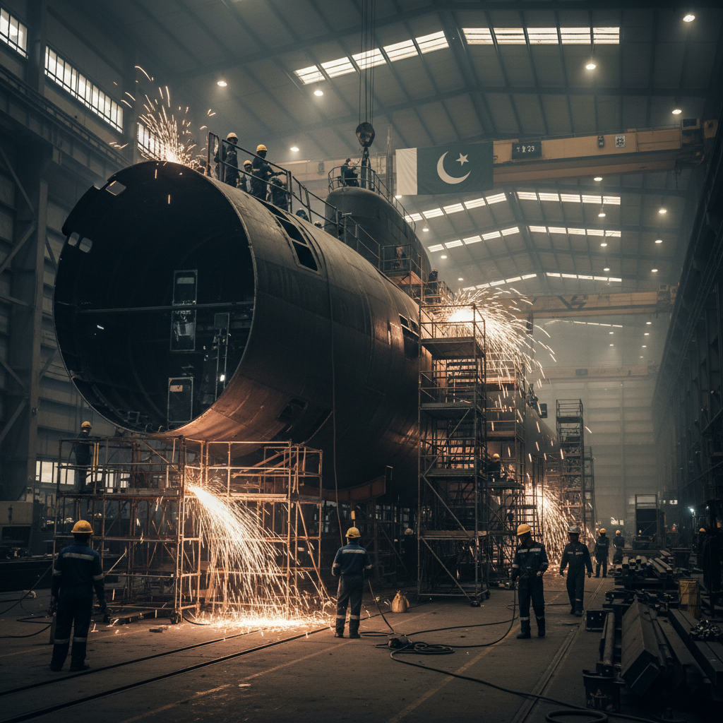 Engineers working on a submarine hull at Karachi Shipyard (KS&EW)