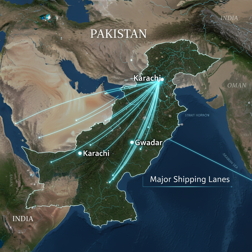 A map showing Gwadar, Karachi, and key shipping lanes in the Arabian Sea