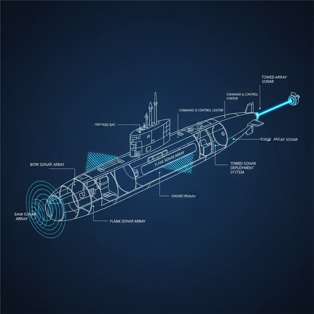 A diagram of submarine sonar arrays (bow, flank, towed)