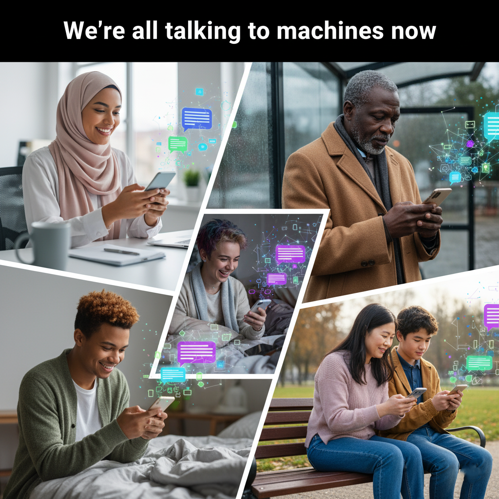 A diverse group of people using their phones