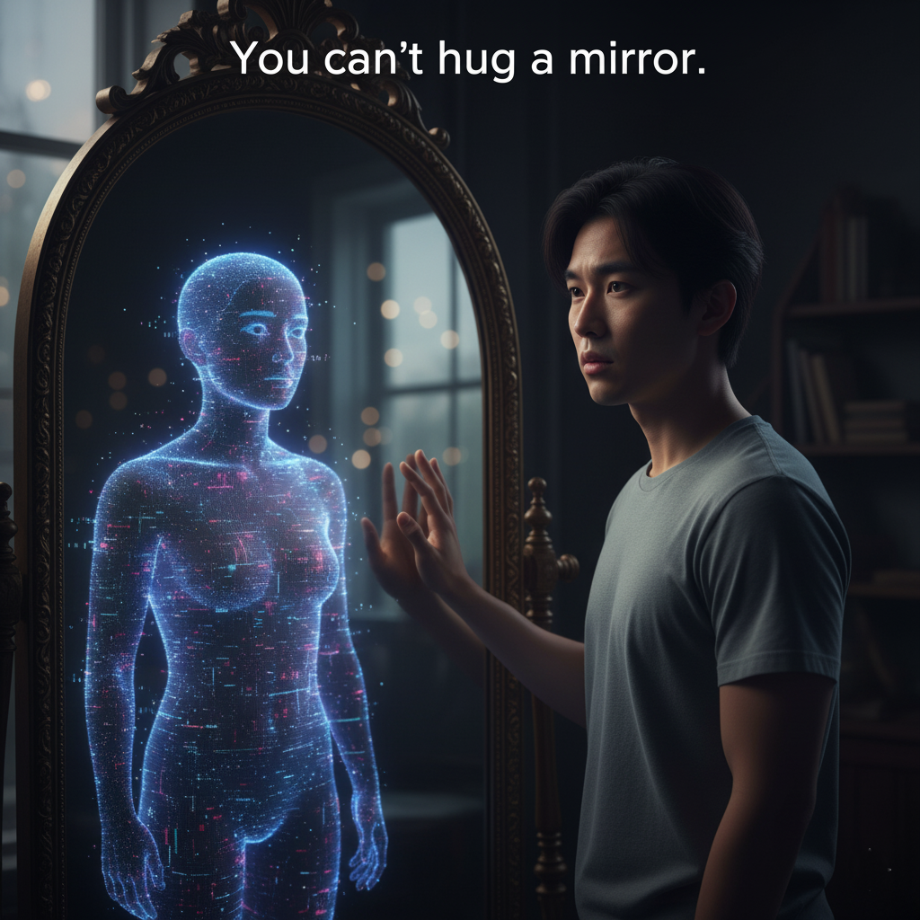 A person looking into a mirror and seeing a digital version