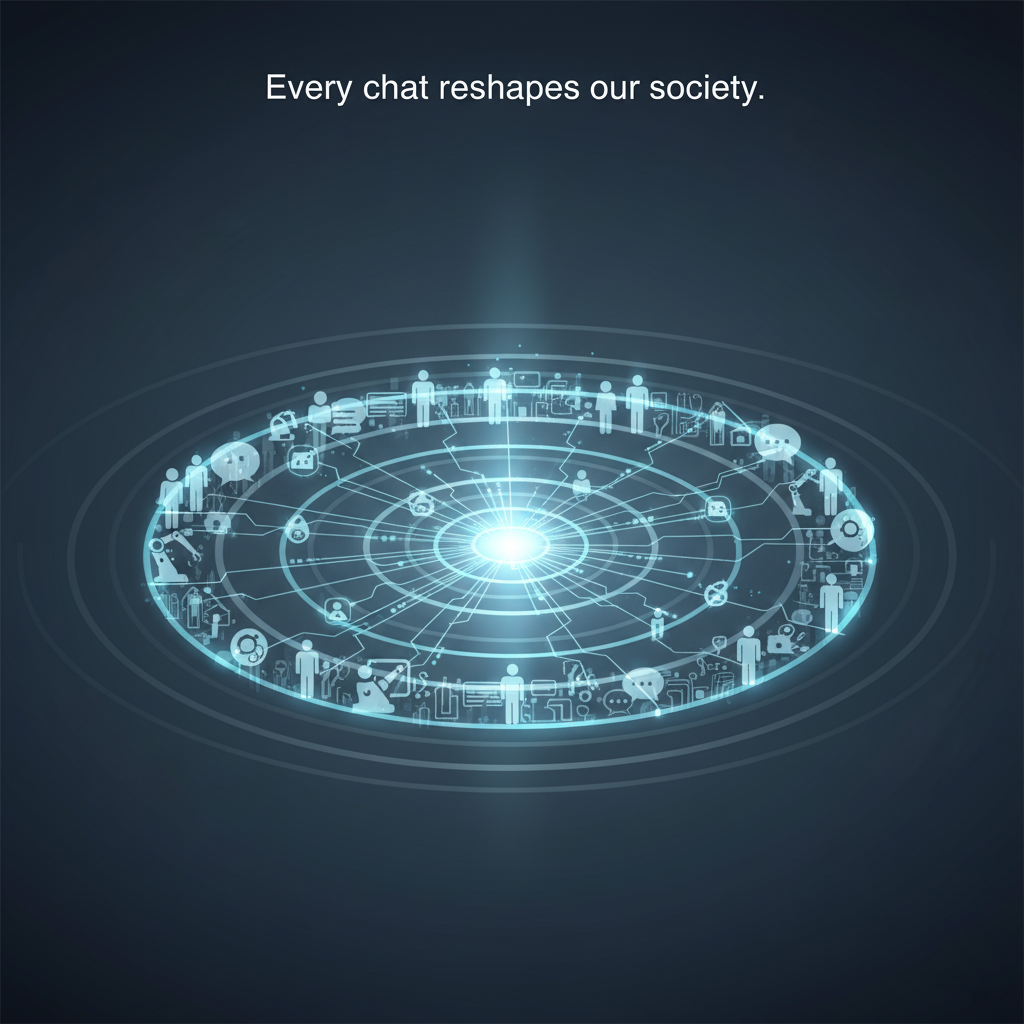 A ripple effect in water with AI and human icons