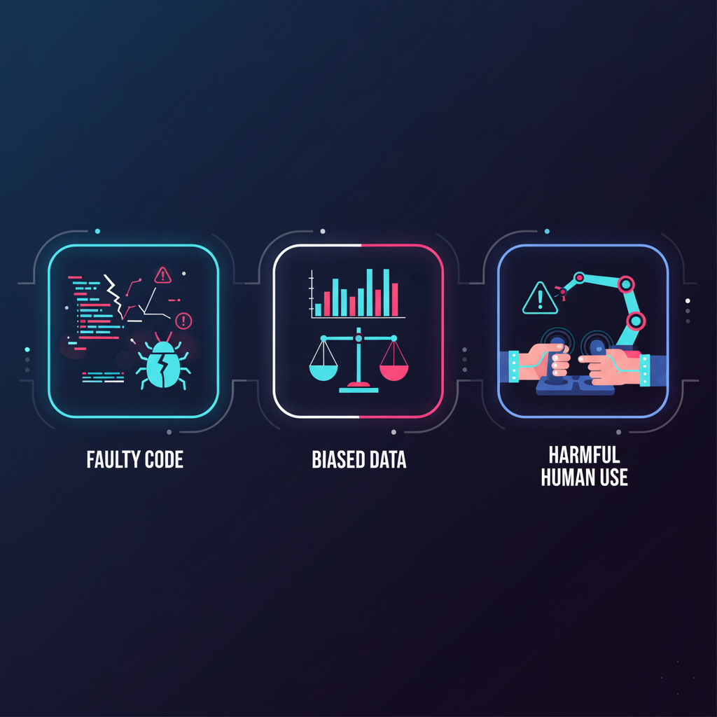 An infographic showing three causes of robot problems: a flawed line of code, skewed data sets, and a human using a robot for a malicious purpose.