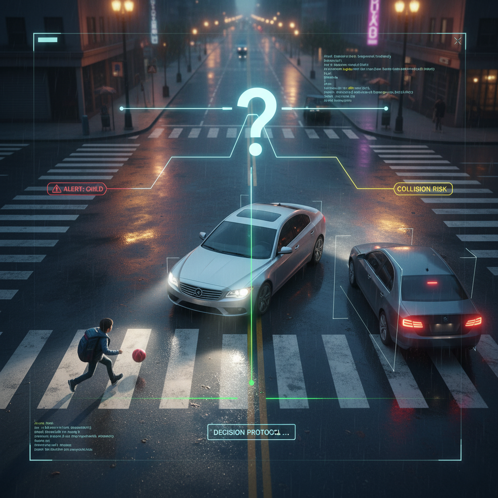 An illustration of the self-driving car ethical dilemma, showing the car choosing between two difficult paths.