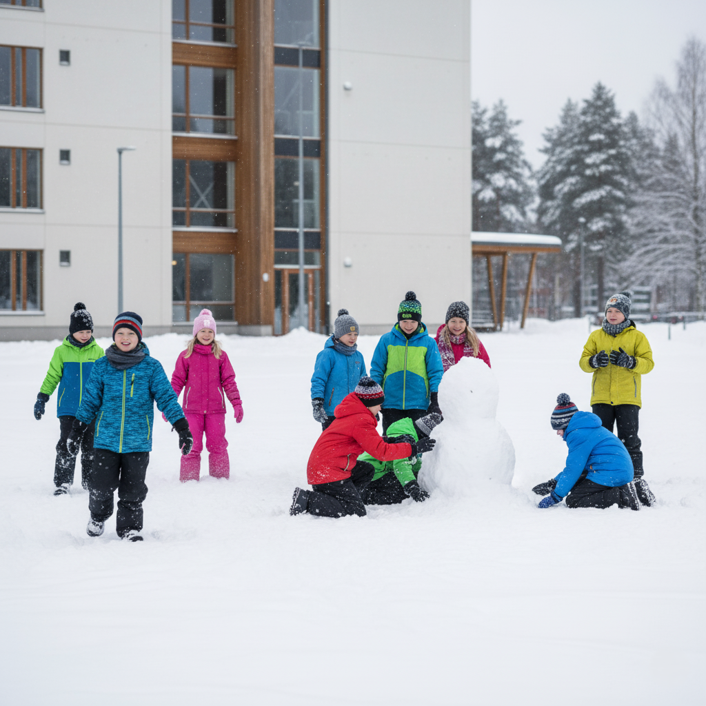 A group of Finnish students playing happily outside in the snow during a 15-minute school break