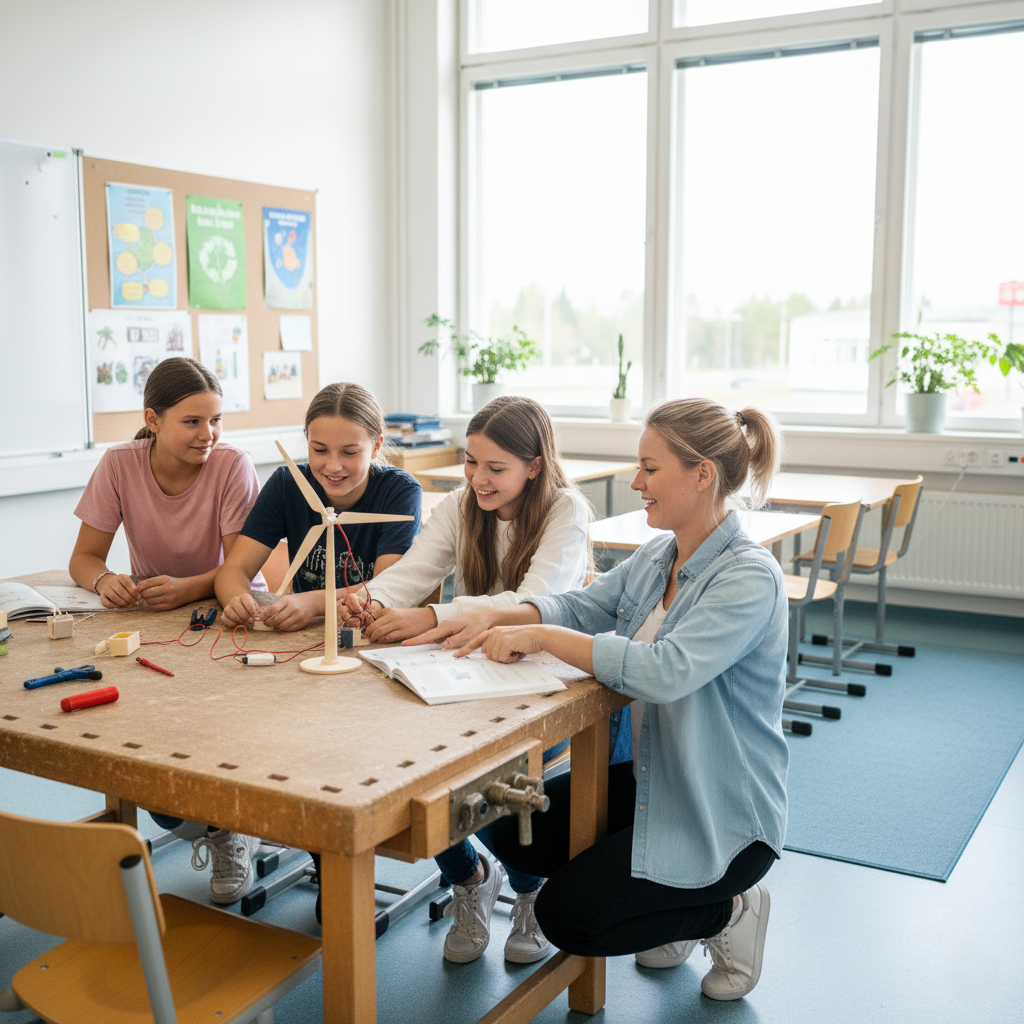 A group of young students actively working on a hands-on, phenomenon-based learning project
