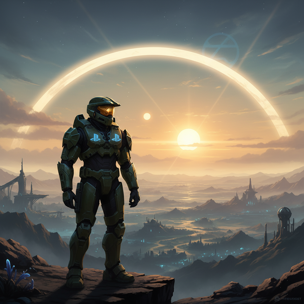 A conceptual image of Master Chief and a PlayStation character (like Kratos or Aloy) standing back-to-back