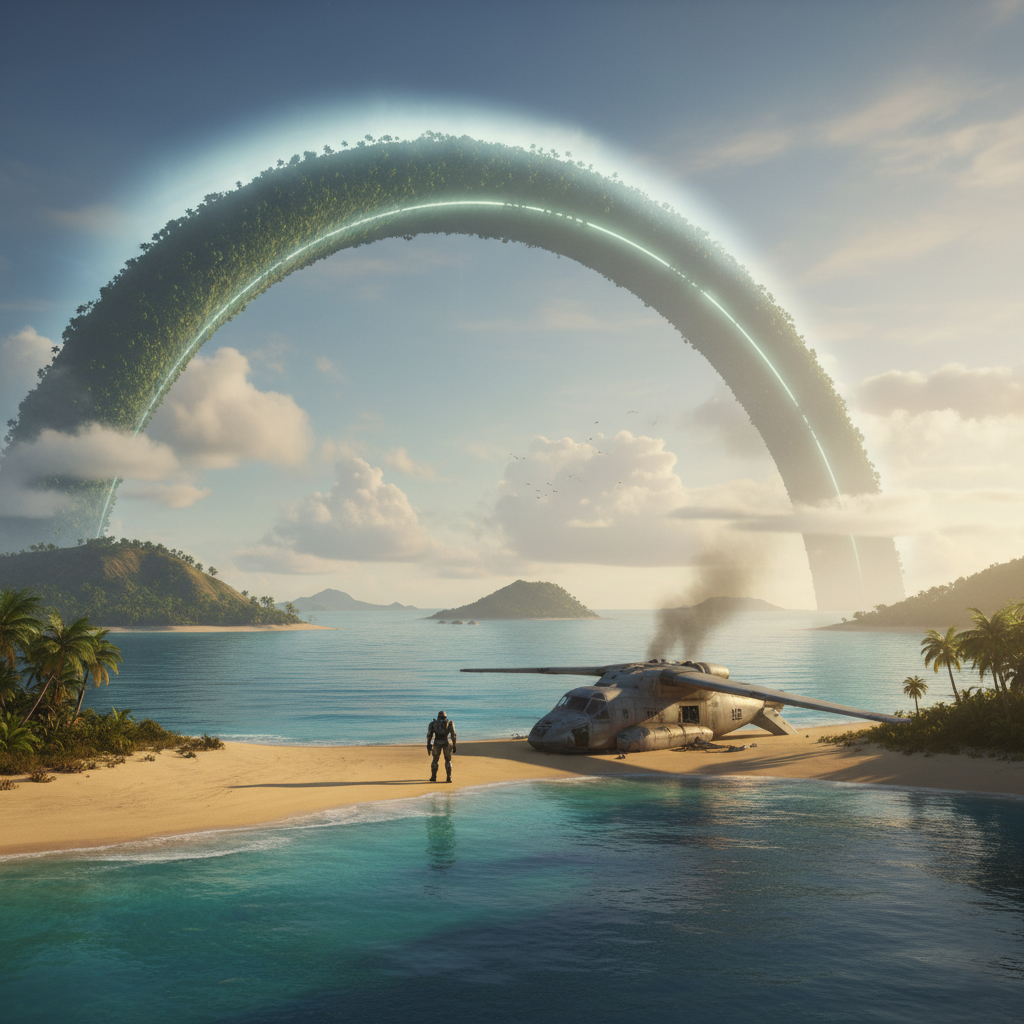 A stunning landscape from the remake, showing the Halo ring arcing into the sky with ray-traced lighting