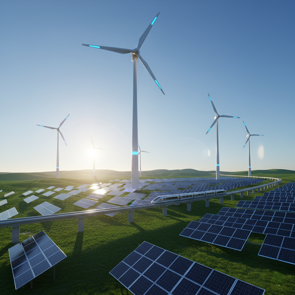 Wind turbines and solar panels representing renewable energy