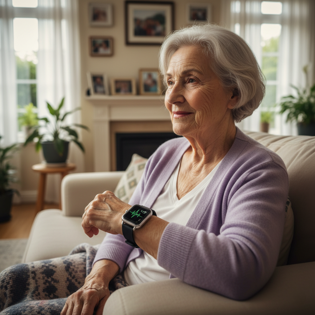 An elderly person wearing a health-monitoring smartwatch