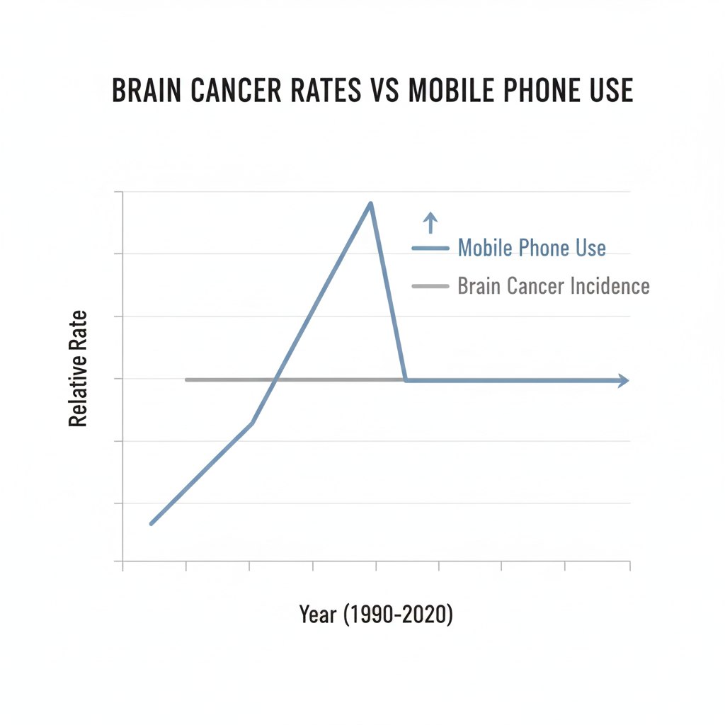 Graph of brain cancer rates vs mobile phone use