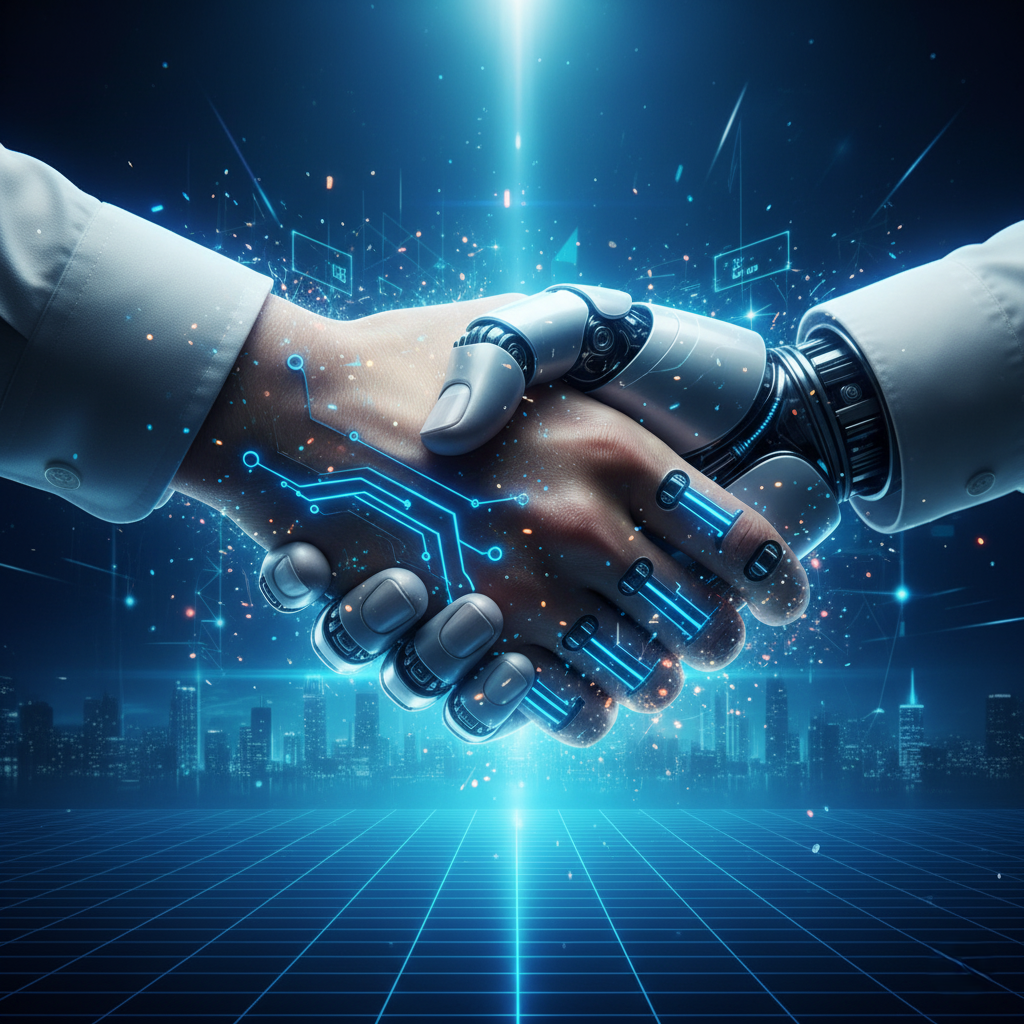 A stylized image showing a human hand and a robot hand shaking, symbolizing partnership.