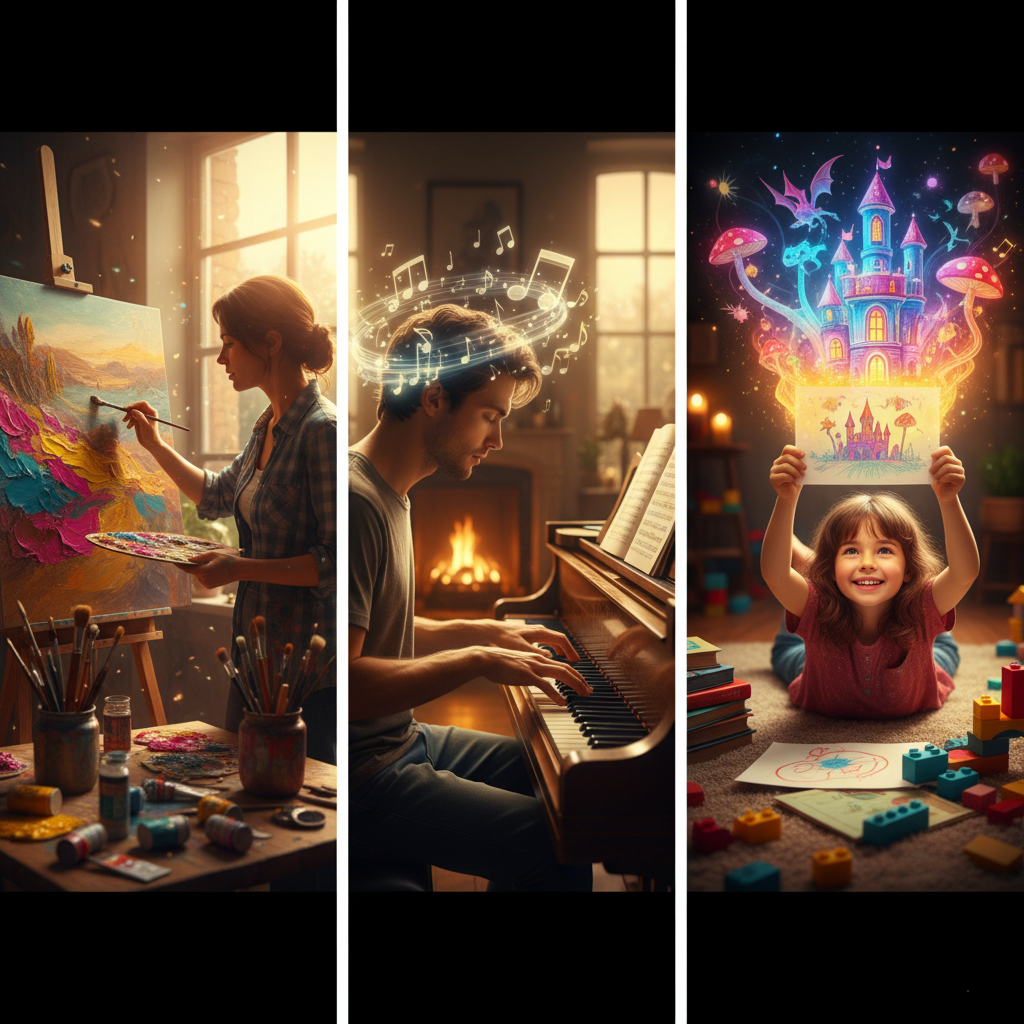 A collage showing human creativity: an artist painting, a musician composing, and a child imagining a fantastical story.