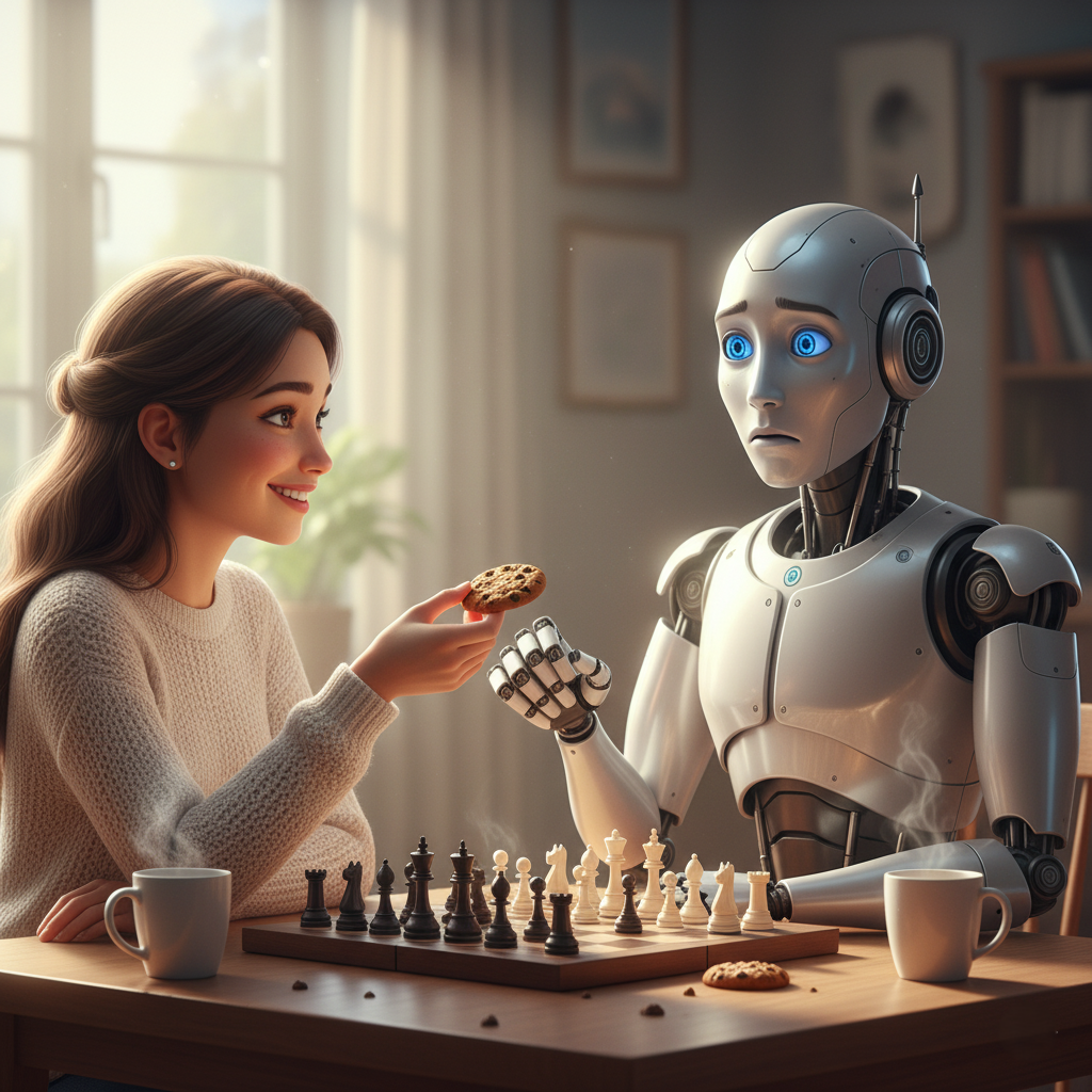 A human offering a cookie to a chess-playing robot, which looks on in confusion.