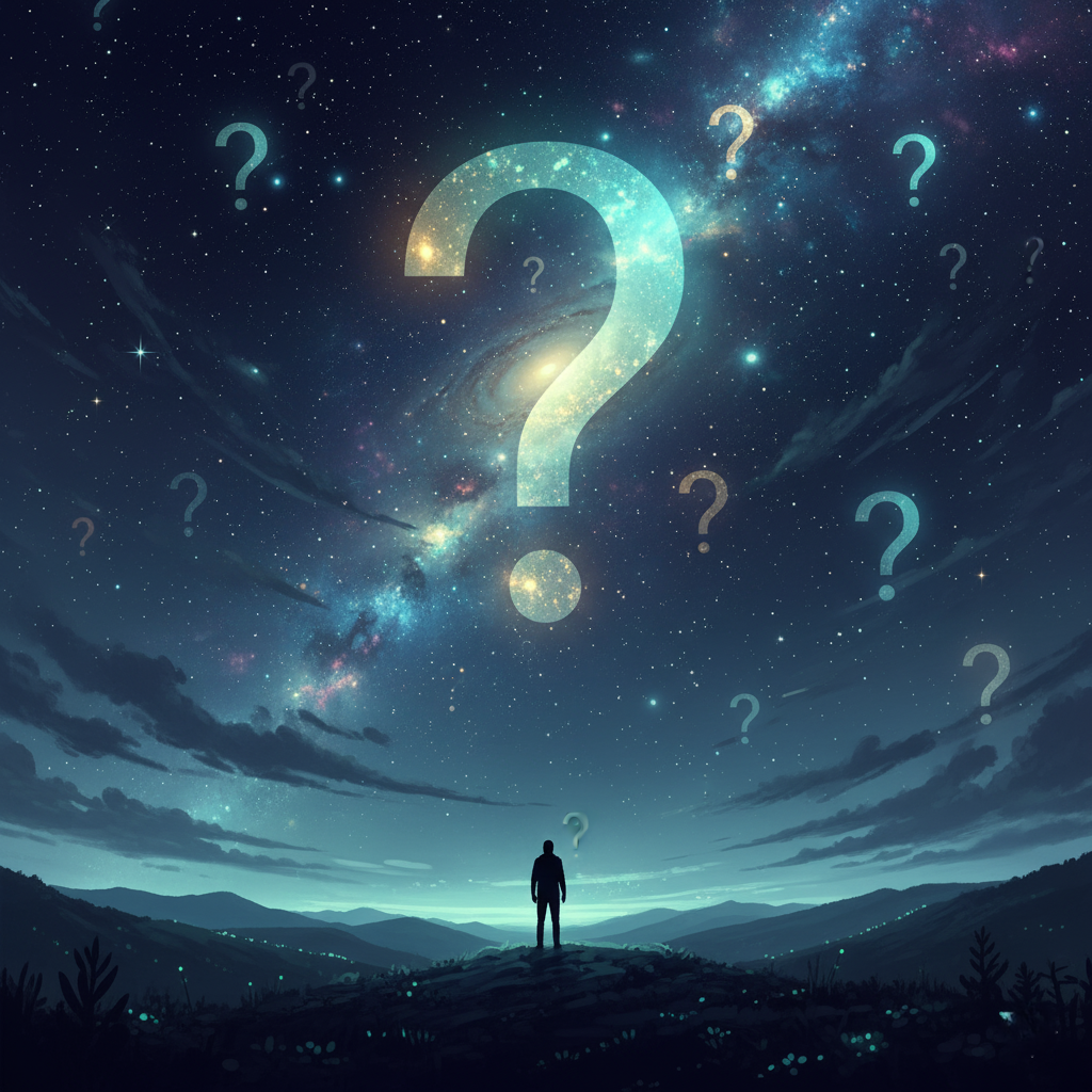 A human silhouette looking up at a sky full of stars and question marks, symbolizing curiosity.