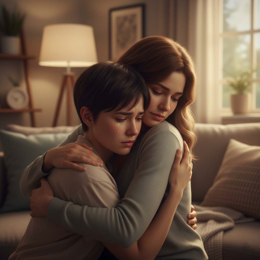 A person showing empathy and comforting a friend, demonstrating emotional intelligence that a robot lacks.