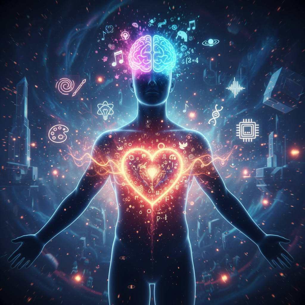 An inspiring image of a human silhouette with a glowing heart and brain, filled with creativity, emotion, and ideas.