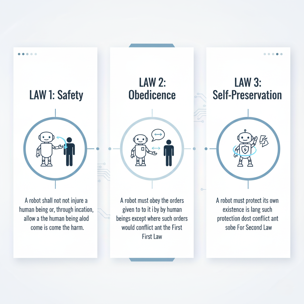An infographic cleanly listing the Three Laws of Robotics with simple icons for each.