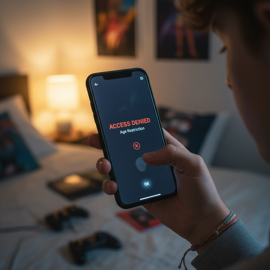 A cinematic shot of a smartphone screen displaying a cold 'Access Denied' system error on a blurred background of a teenager's bedroom in Australia.