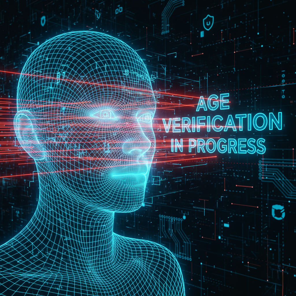 A futuristic digital interface scanning a human face with geometric grid lines, analyzing biometric data for age verification.