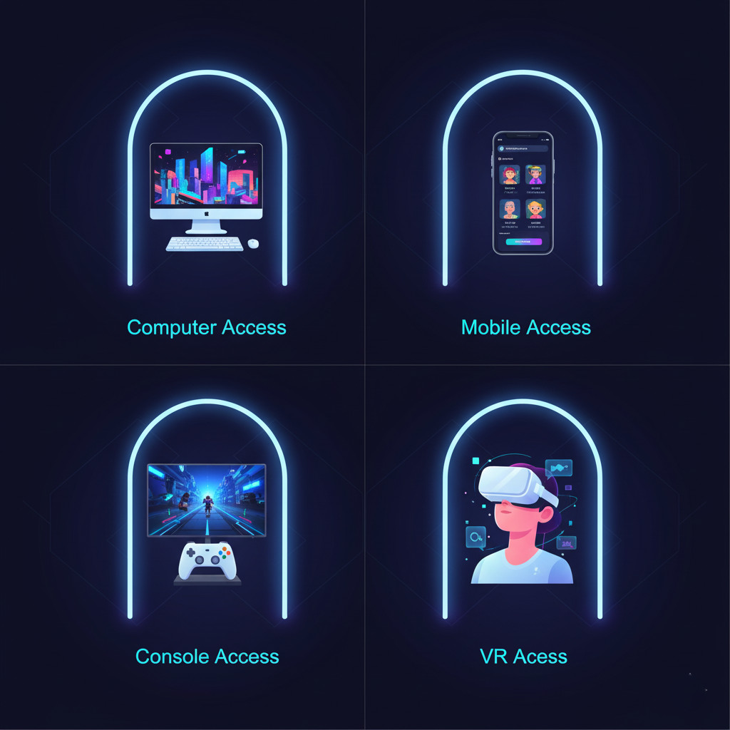 An infographic showcasing the four doorways: a desktop computer, a smartphone, a game console, and a VR headset.