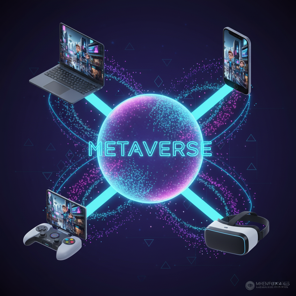 An illustration showing a central, glowing 'Metaverse' world being accessed by a laptop, a smartphone, a game console, and a VR headset.
