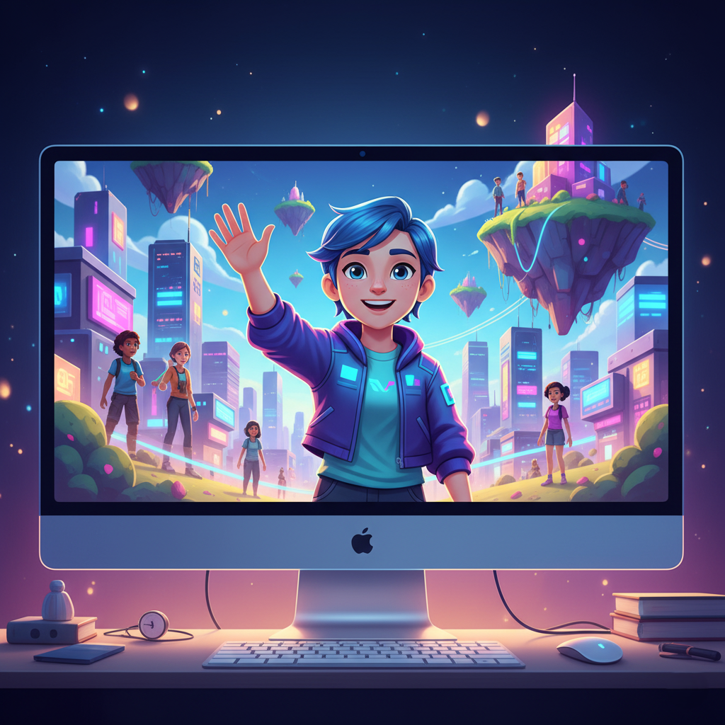 A welcoming image of an avatar waving from inside a computer screen, inviting the user into the digital world.
