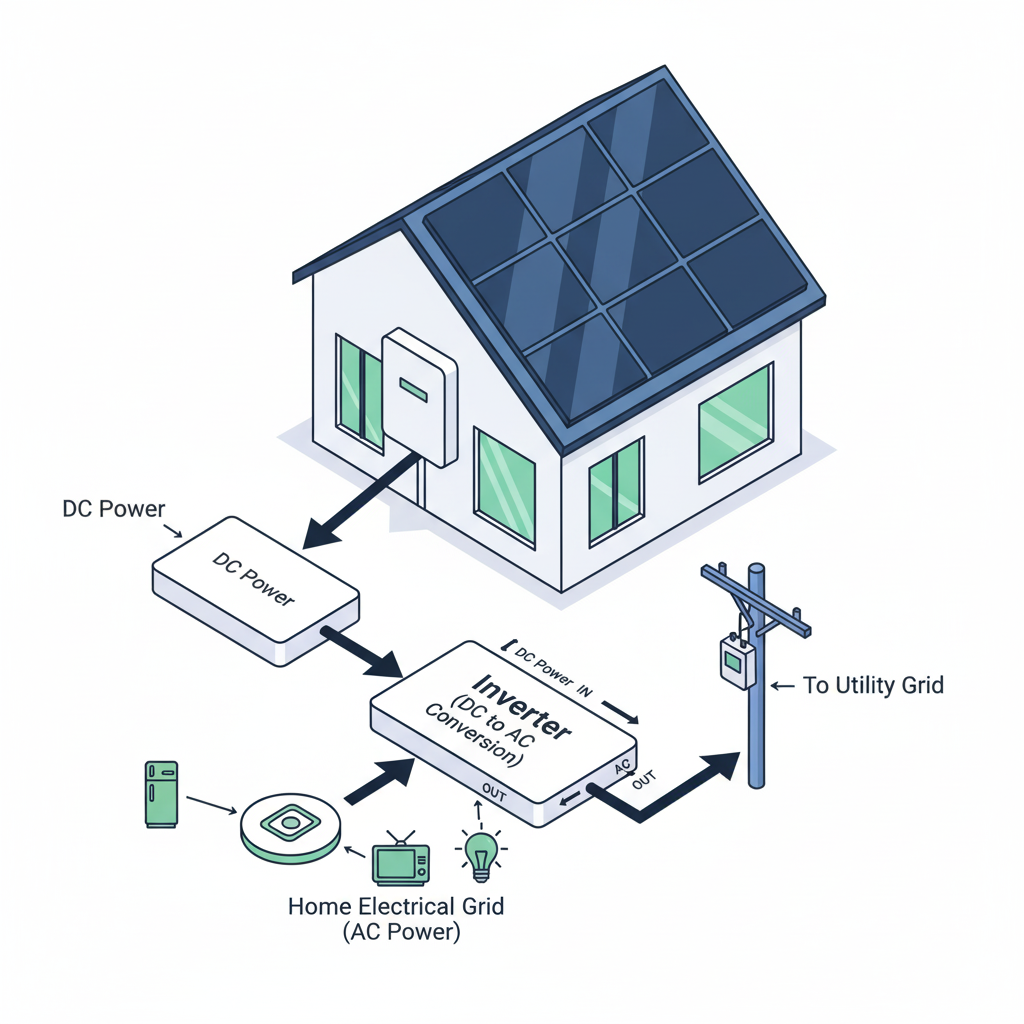 A diagram of a home solar system, showing panels, an inverter, and the power grid connection